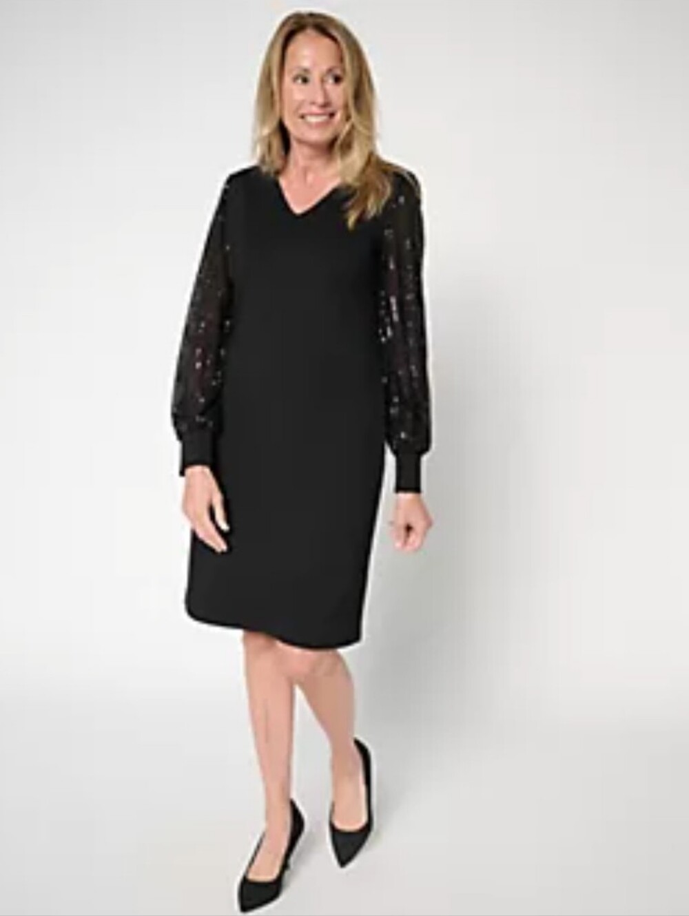 Jingle Belles by Kim Gravel Petite Ponte Dress with Sequin Sleeves